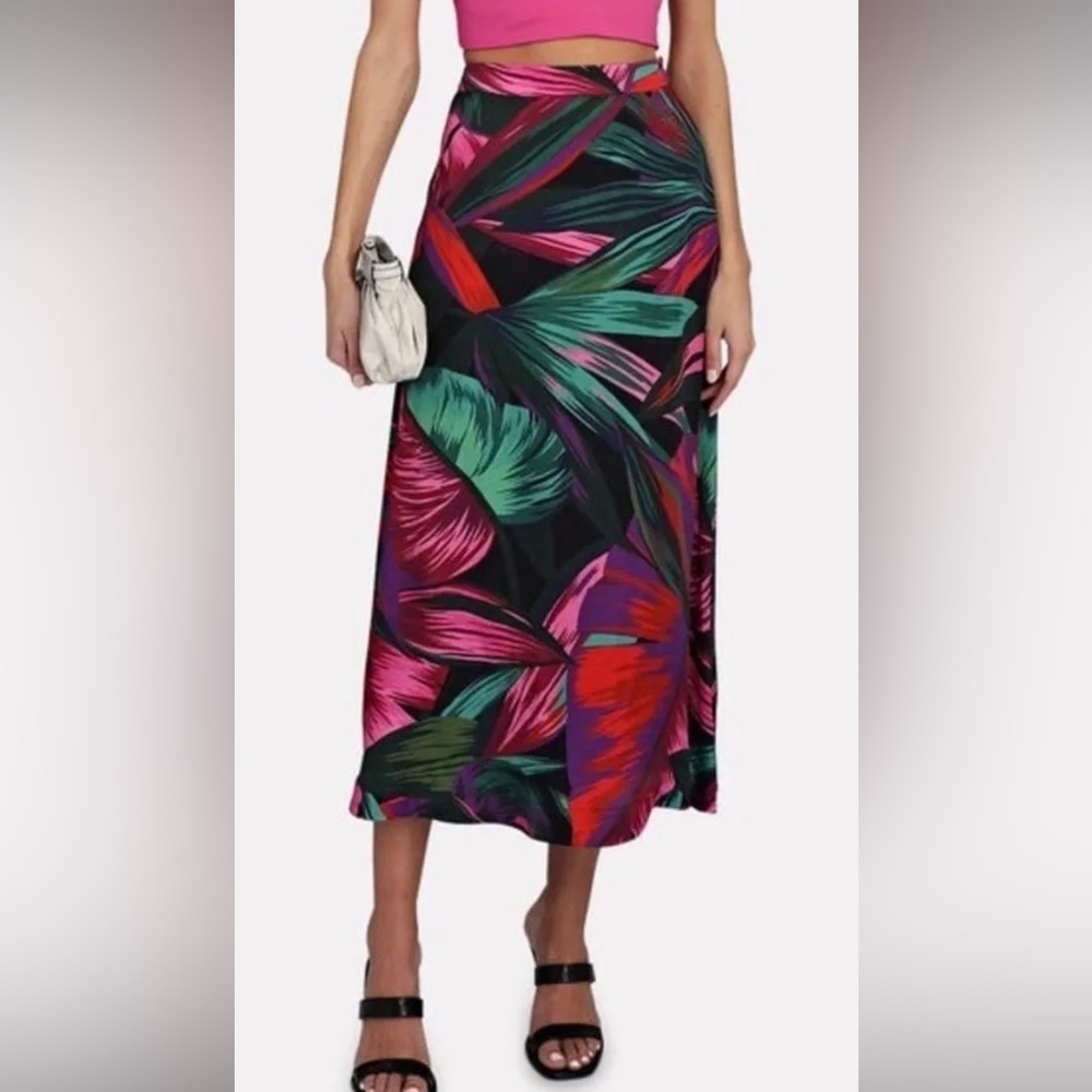 Farm Rio Midnight Leaves Midi Skirt NWT Size Small Tropical Print vacation
